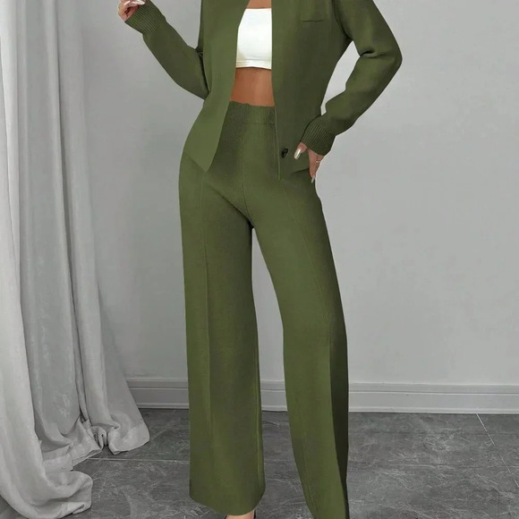 Green Elegant Women's Loose Long Sleeve Crew Neck  Knit Sweater & Suit Pants Set - Picture 5 of 8
